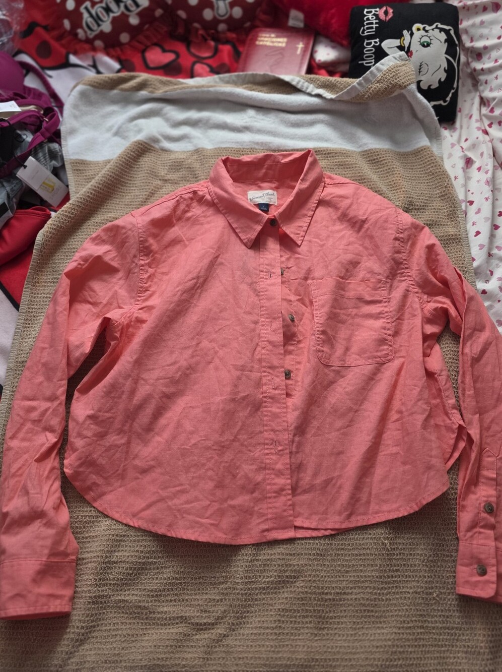 Coral Button-Down Crop Shirt - Womens